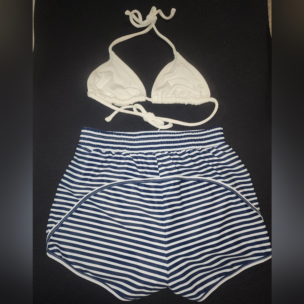 Like new White Bikini top & Navy and White Stripe Swim Shorts. Women's Small. - Picture 6 of 8